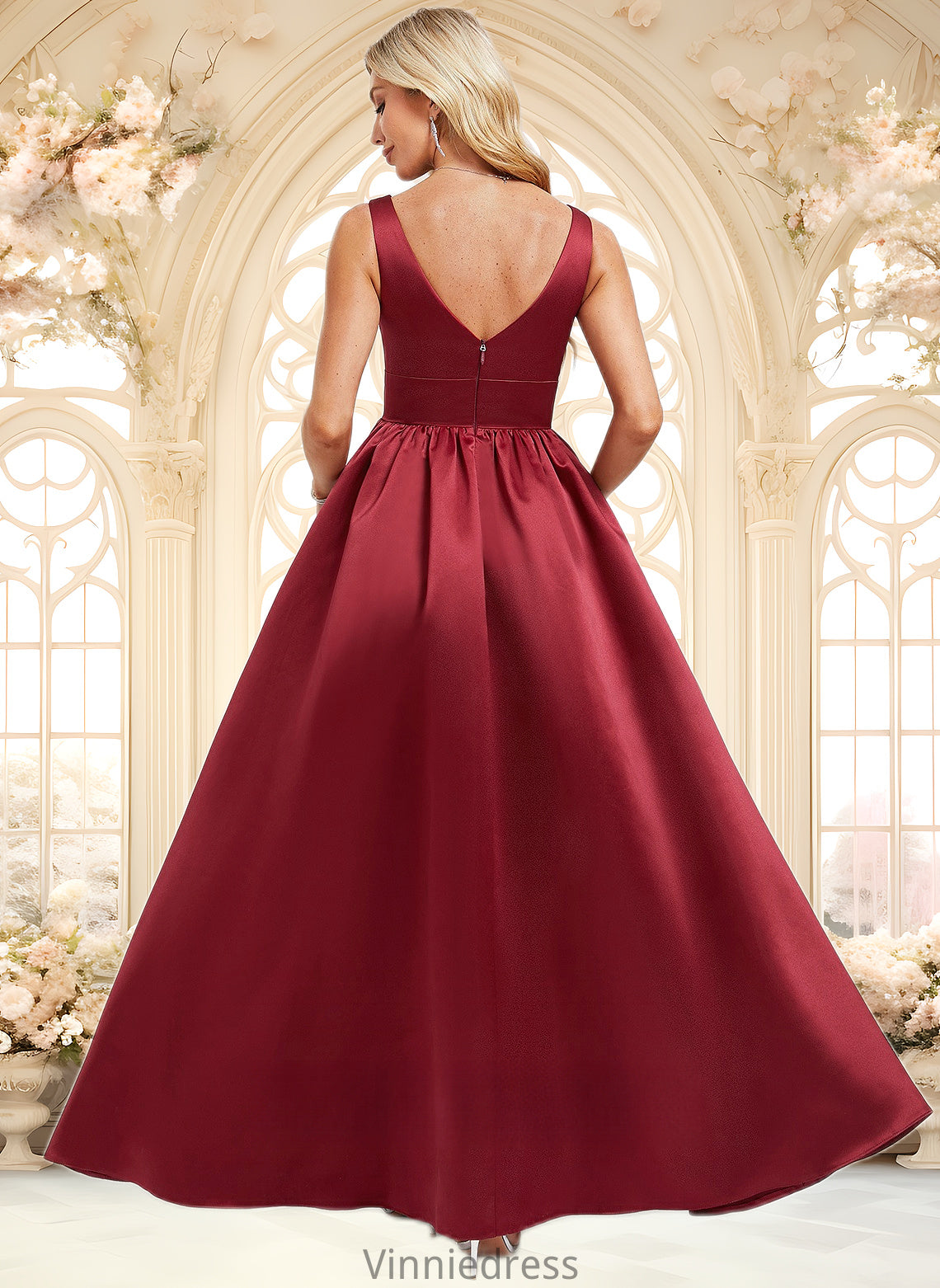 Violet A-line V-Neck Floor-Length Satin Bridesmaid Dress PP6P0025775