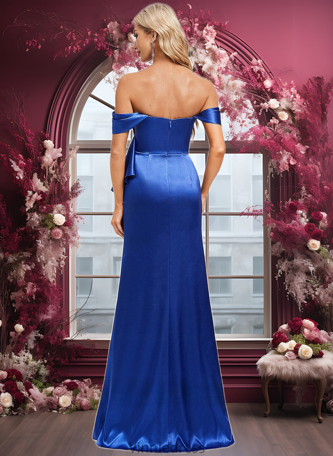 Nyasia Trumpet/Mermaid Off the Shoulder Floor-Length Stretch Satin Bridesmaid Dress With Ruffle PP6P0025800