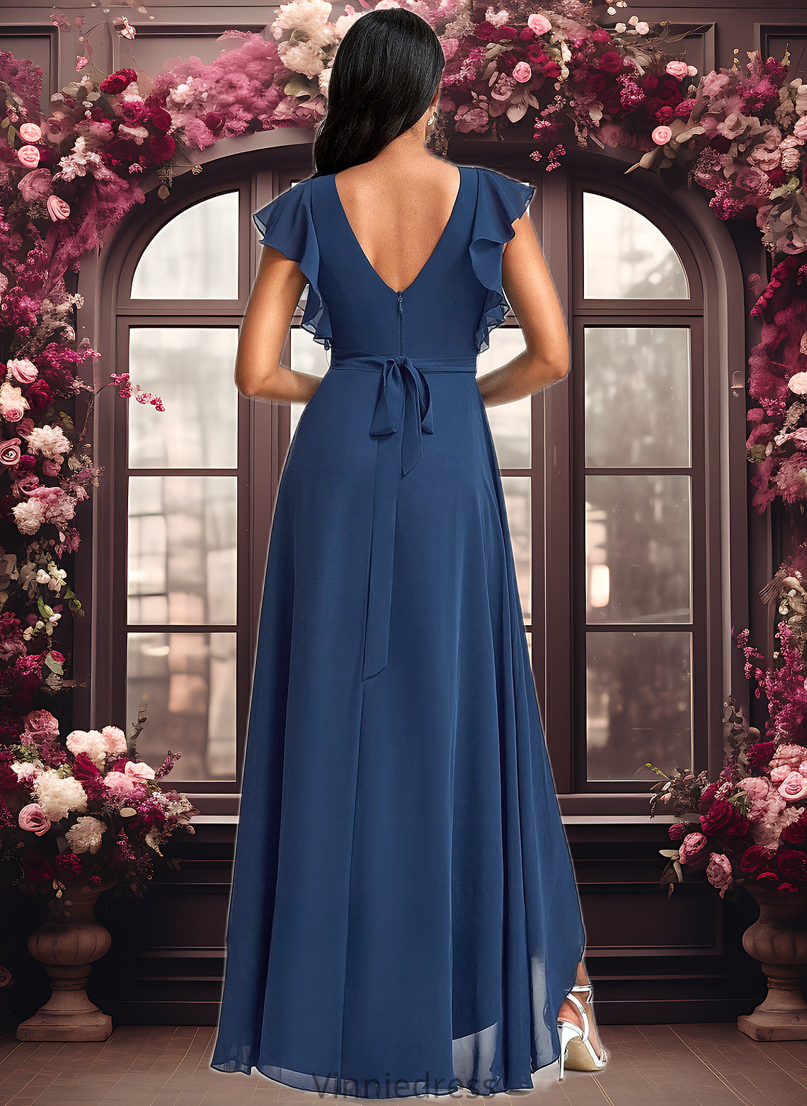 Kamari A-line V-Neck Asymmetrical Chiffon Bridesmaid Dress With Ruffle PP6P0025733