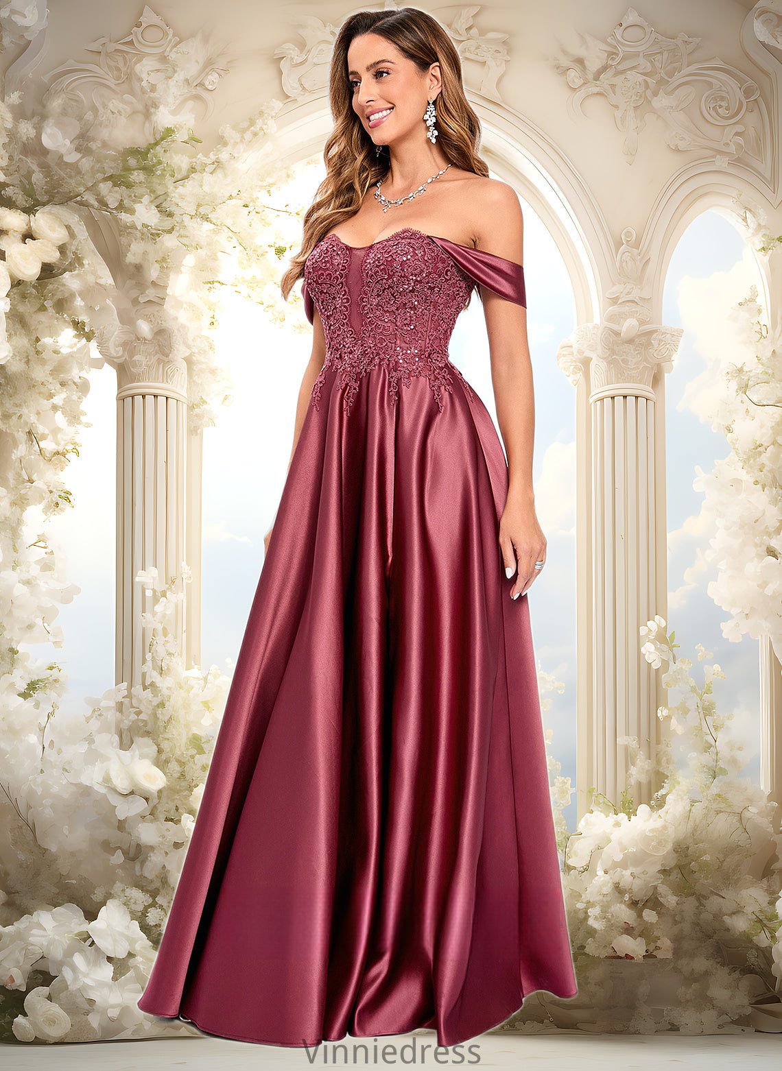 Daphne A-line Off the Shoulder Floor-Length Satin Lace Prom Dresses With Sequins PP6P0025841