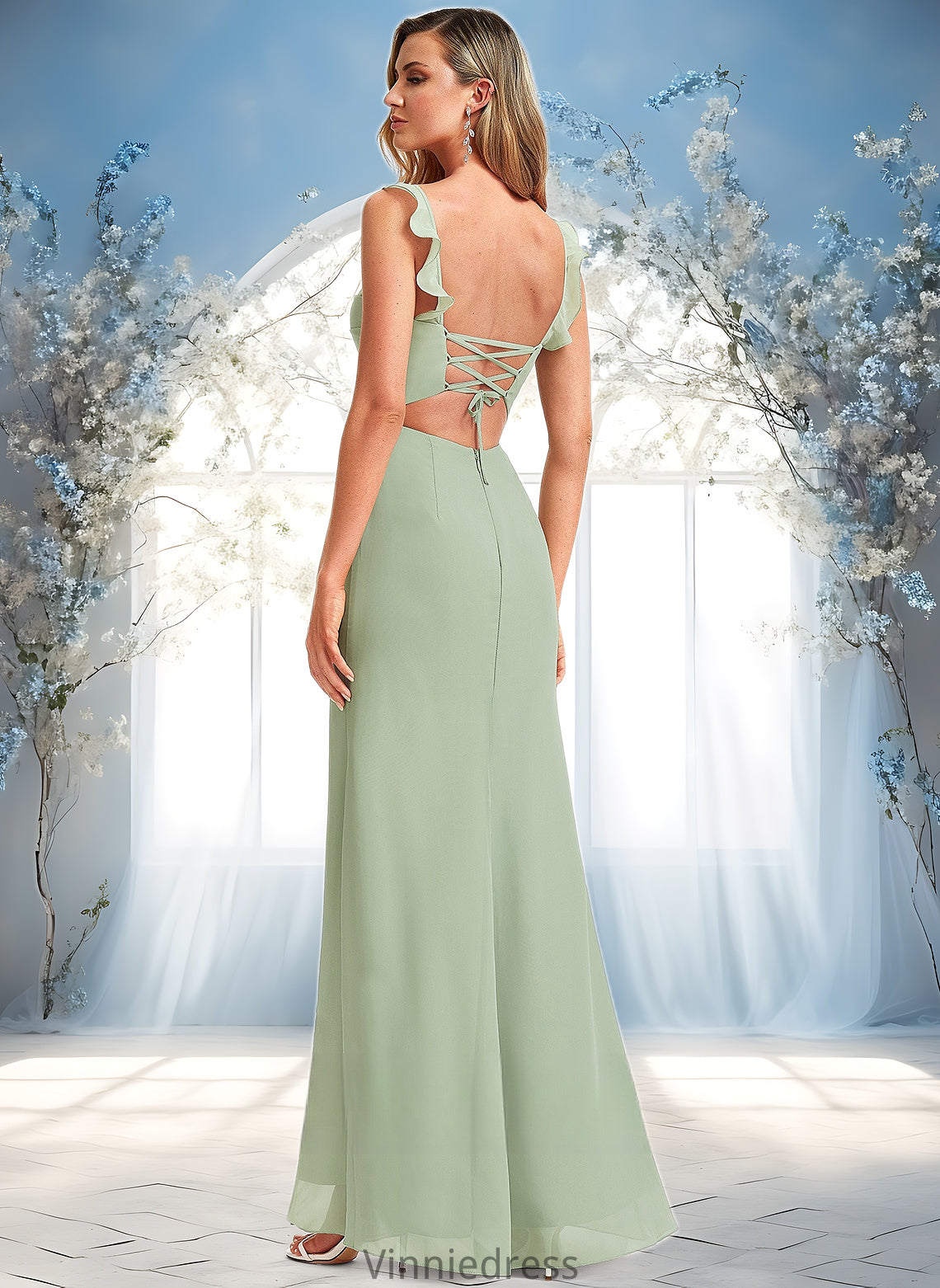 Susie A-line Square Floor-Length Chiffon Bridesmaid Dress With Ruffle PP6P0025739