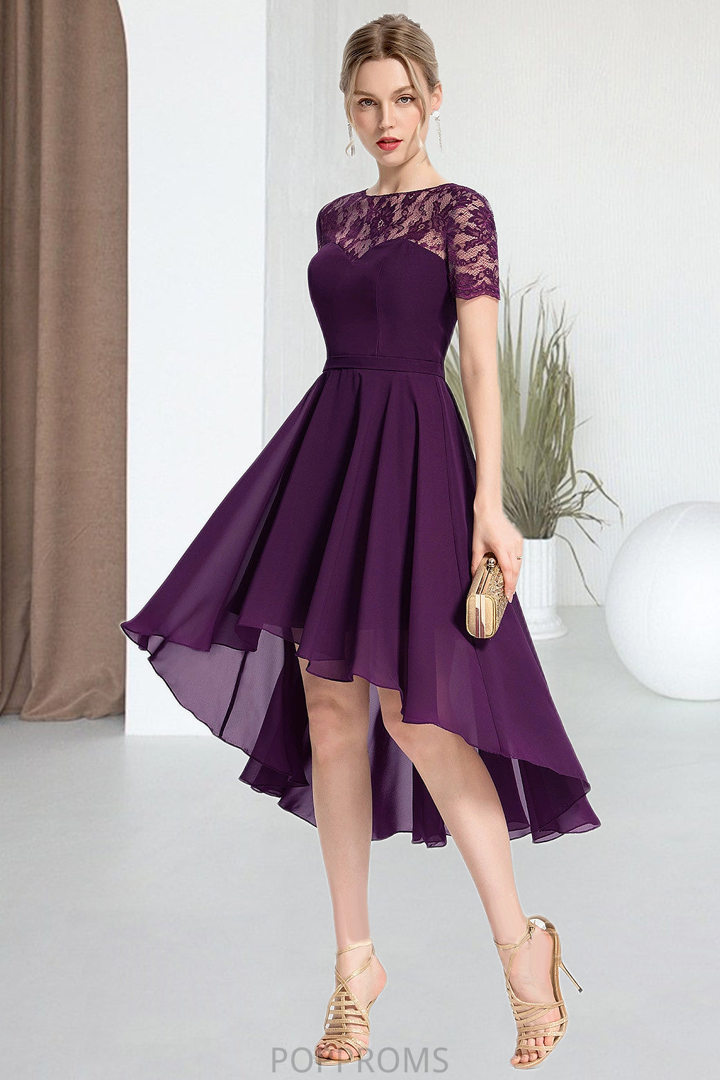 Lyla A-line Scoop Asymmetrical Chiffon Lace Homecoming Dress PP6P0020587