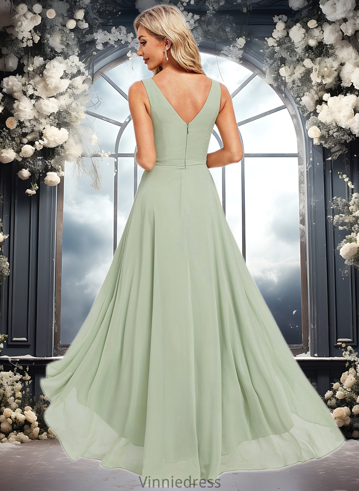 Macie A-line V-Neck Asymmetrical Chiffon Bridesmaid Dress PP6P0025809