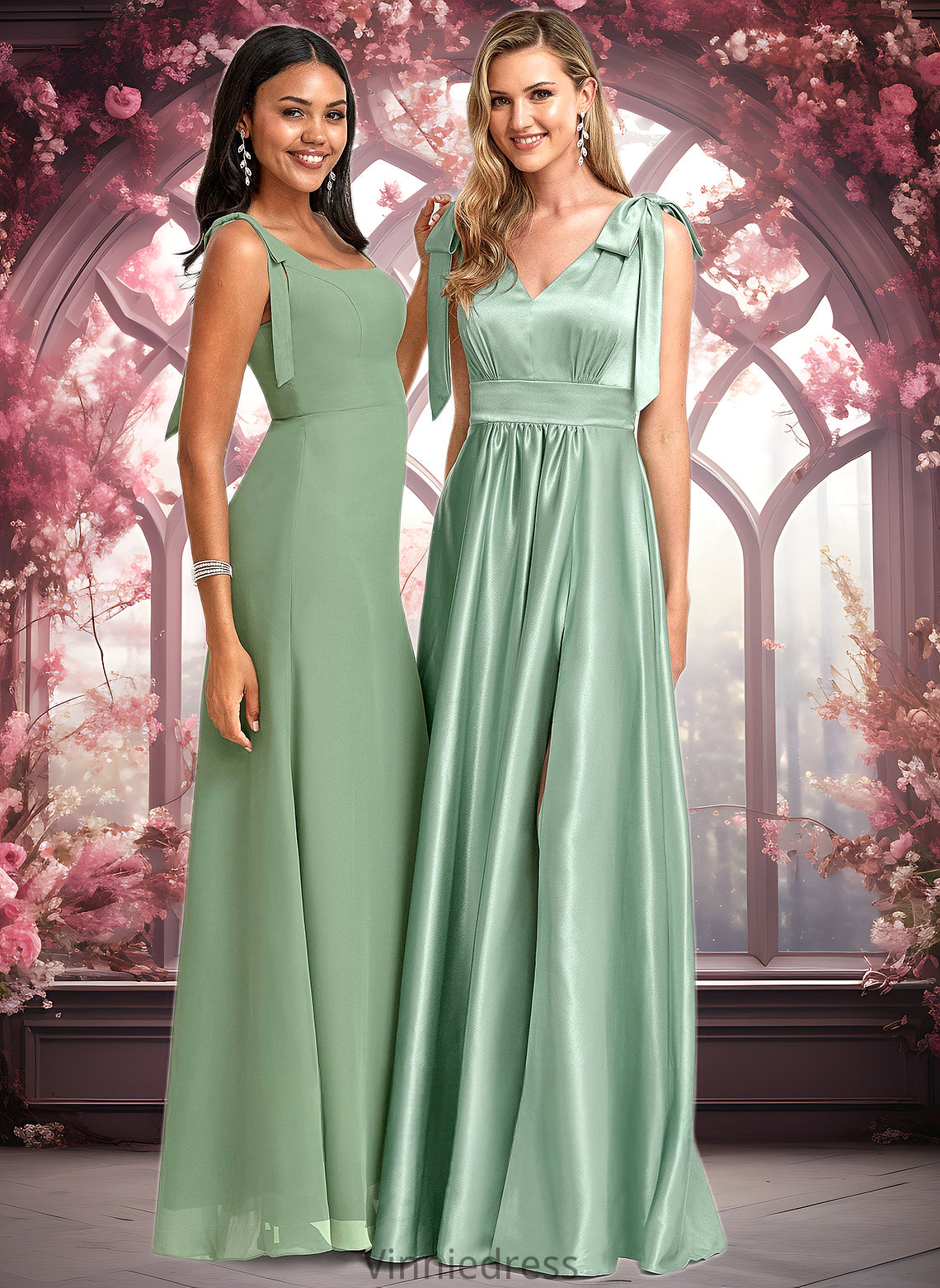 Ashleigh A-line V-Neck Floor-Length Stretch Satin Bridesmaid Dress With Bow PP6P0025737