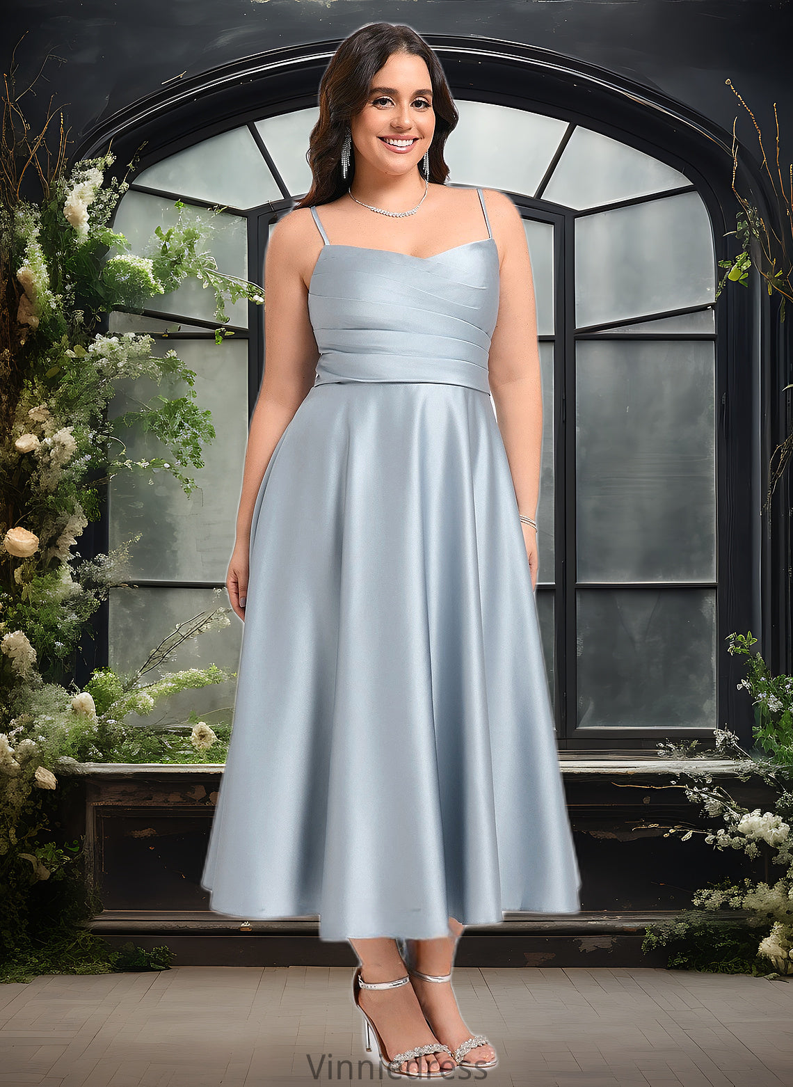 Summer A-line V-Neck Tea-Length Satin Bridesmaid Dress PP6P0025794