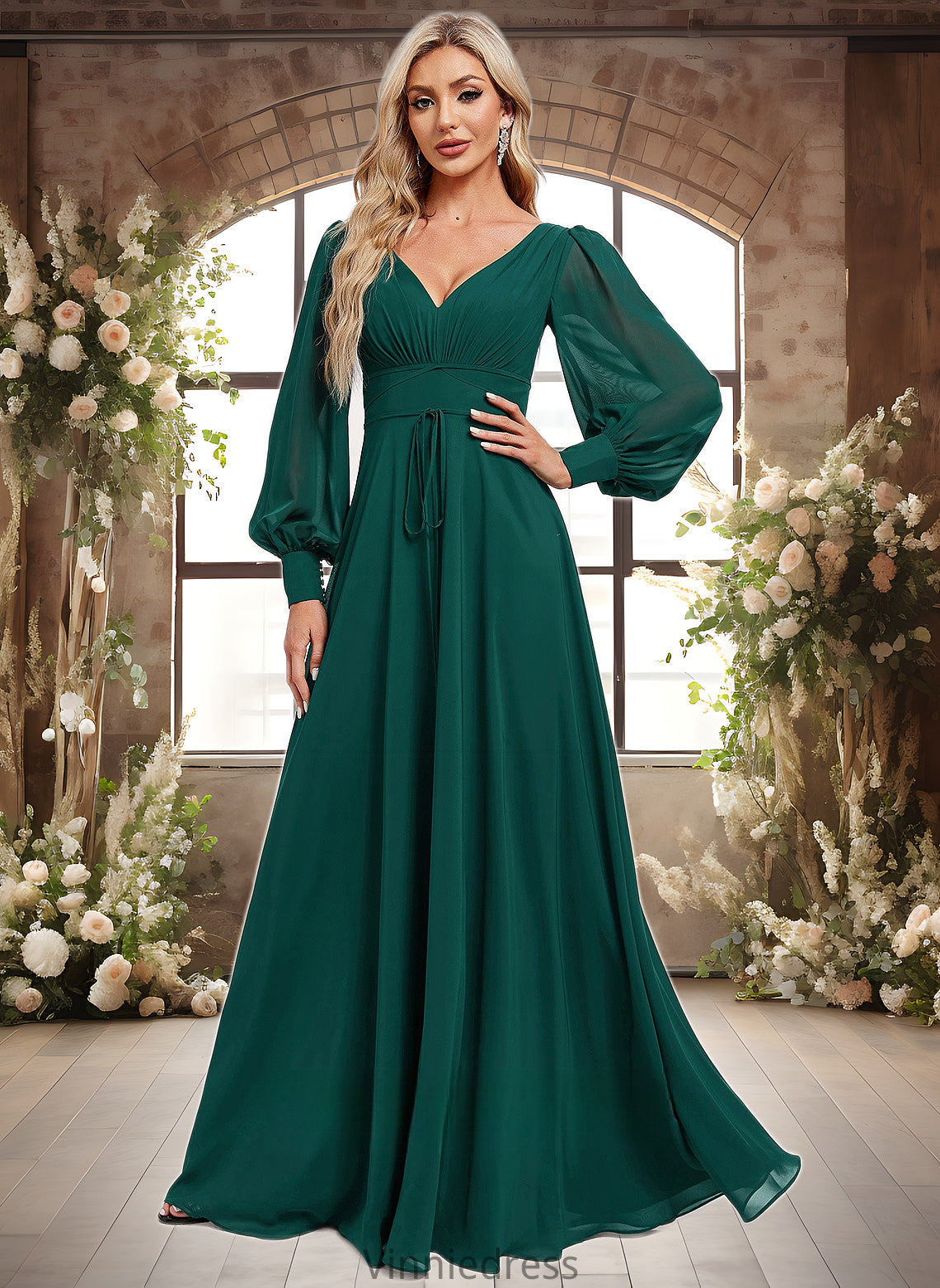 Araceli A-line V-Neck Floor-Length Chiffon Bridesmaid Dress PP6P0025816