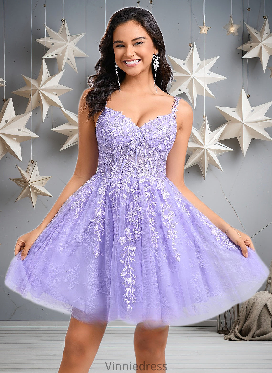 Breanna A-line V-Neck Short Tulle Lace Homecoming Dress PP6P0025640