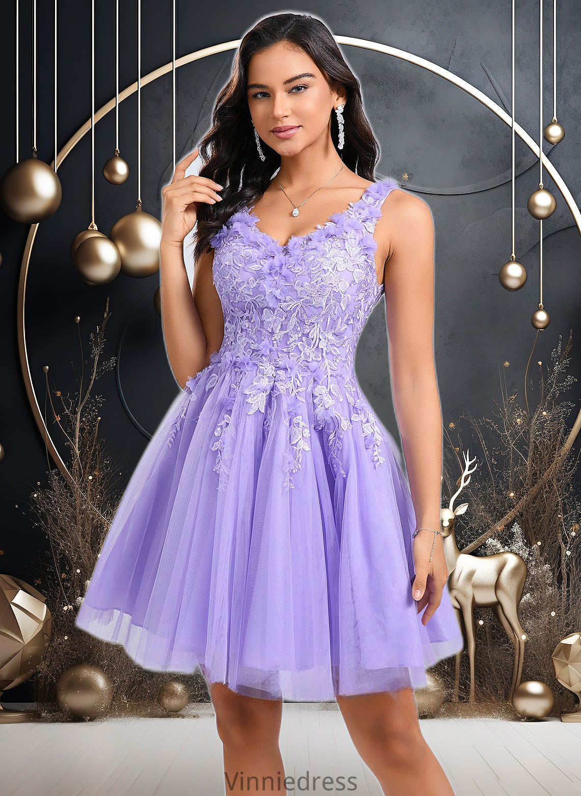 Kallie Ball-Gown/Princess V-Neck Short Lace Tulle Homecoming Dress With Flower PP6P0025656