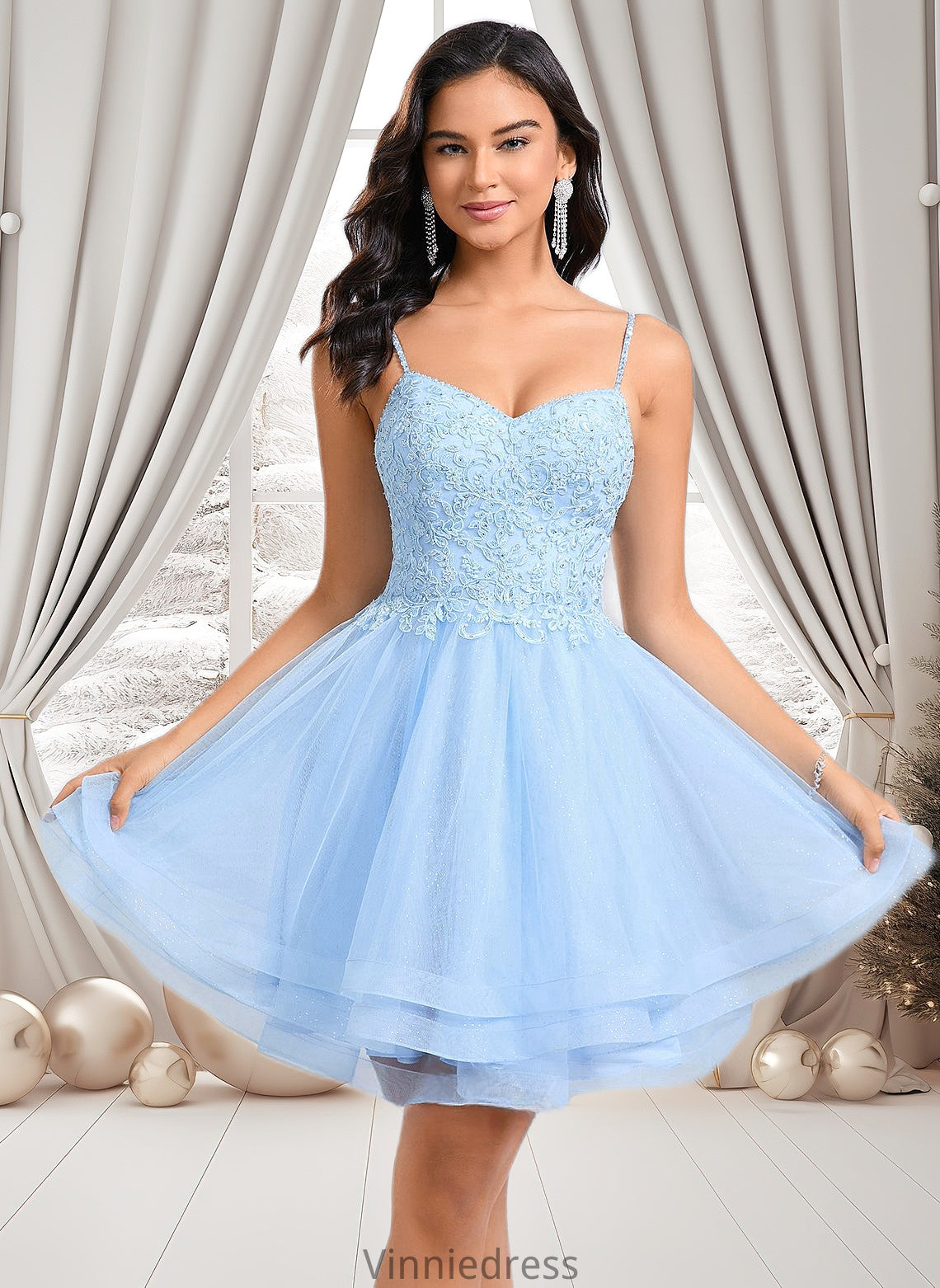 Nathalia A-line V-Neck Short Lace Tulle Homecoming Dress With Rhinestone Sequins PP6P0025658