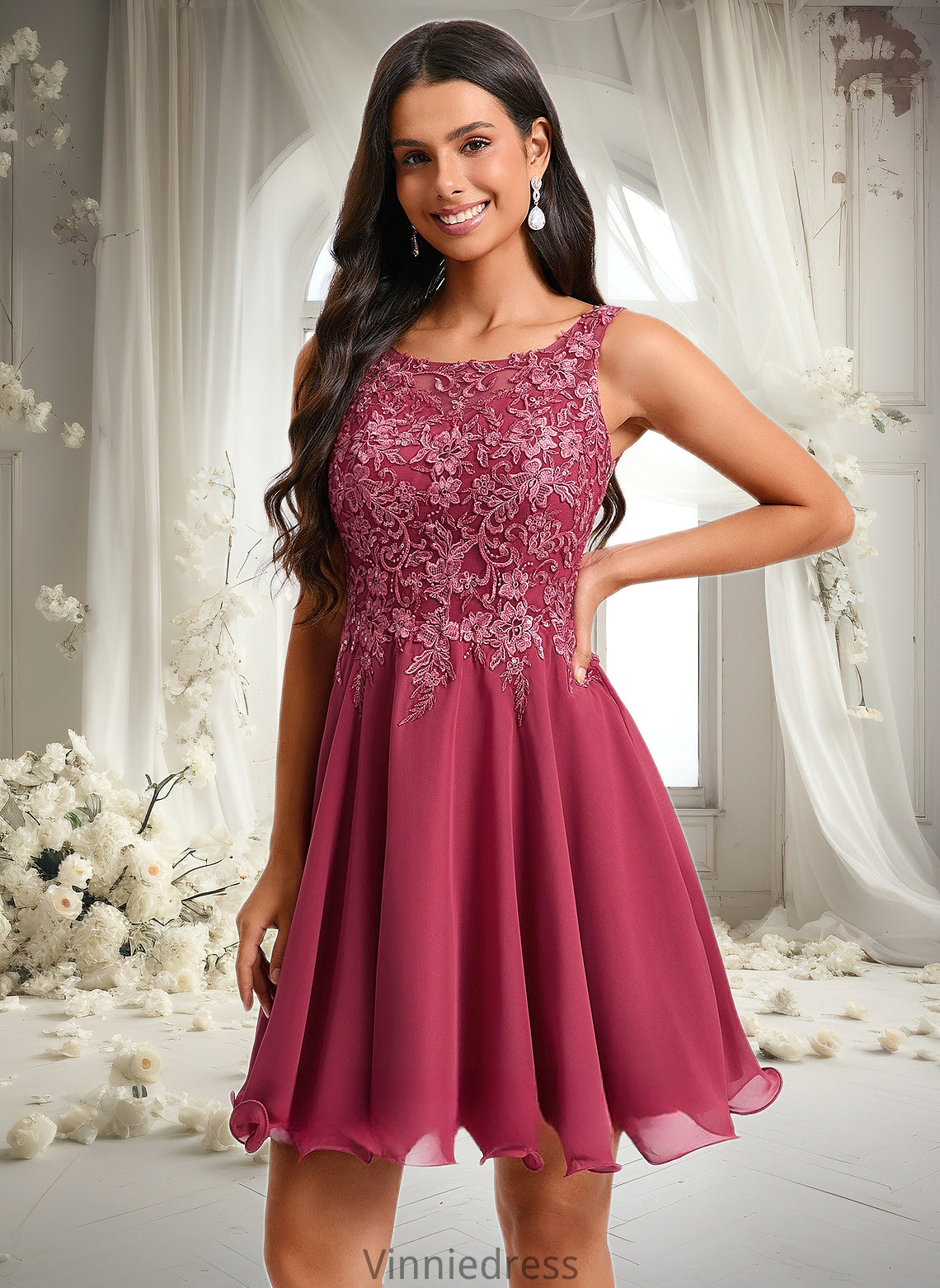 Nola A-line Scoop Short Chiffon Homecoming Dress With Sequins Appliques Lace PP6P0025681