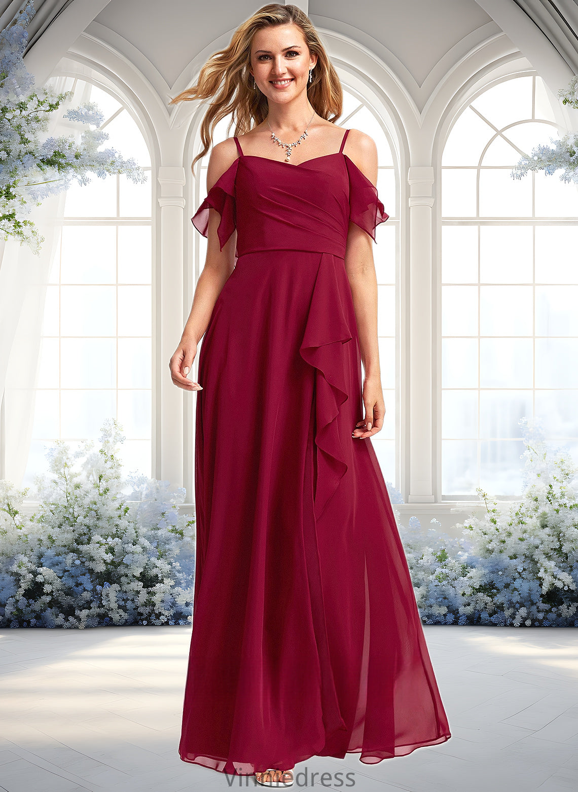 Karli A-line Cold Shoulder Floor-Length Chiffon Bridesmaid Dress With Ruffle PP6P0025755