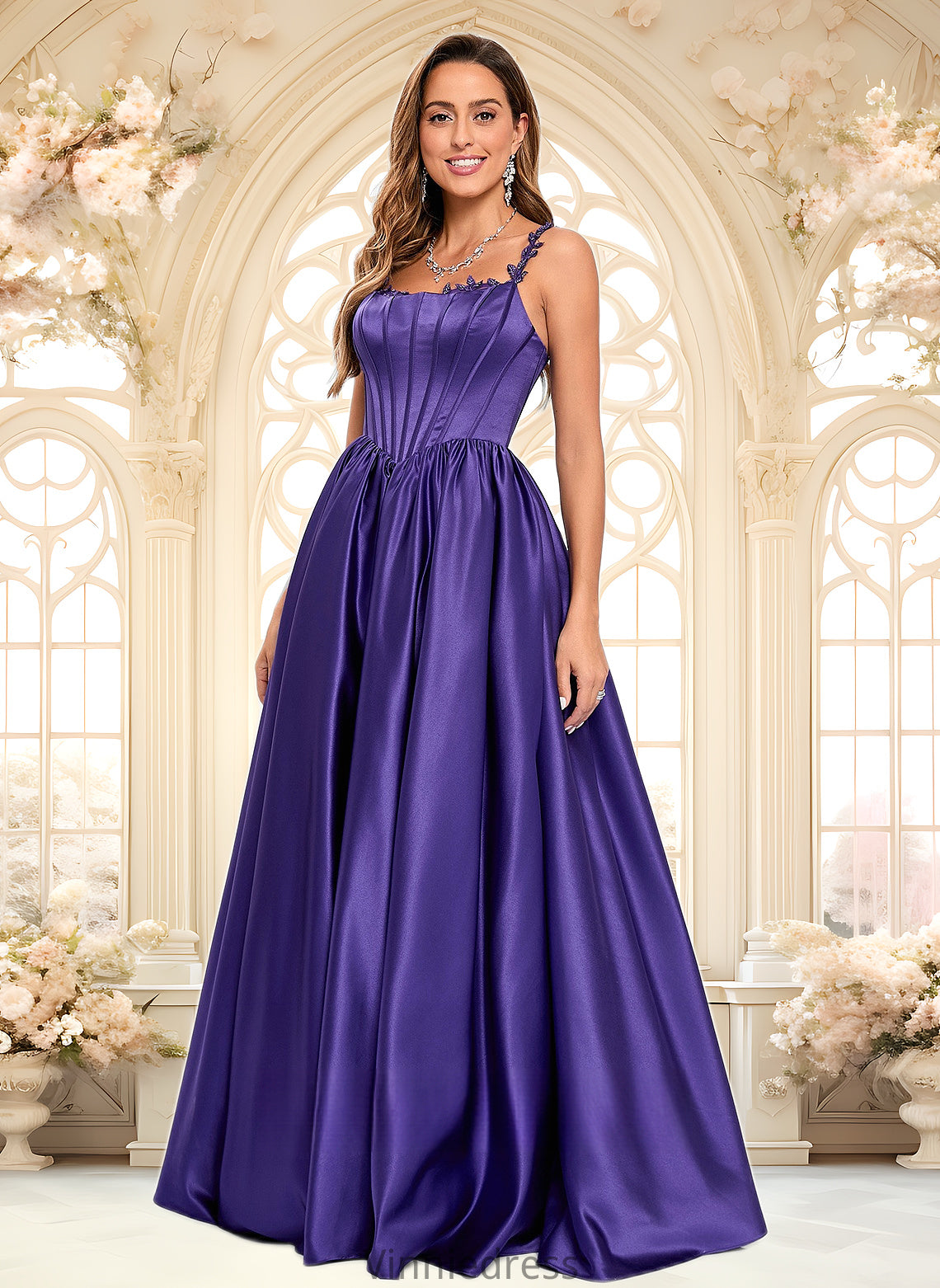 Kennedy Ball-Gown/Princess Scoop Floor-Length Satin Prom Dresses With Appliques Lace Beading PP6P0025865