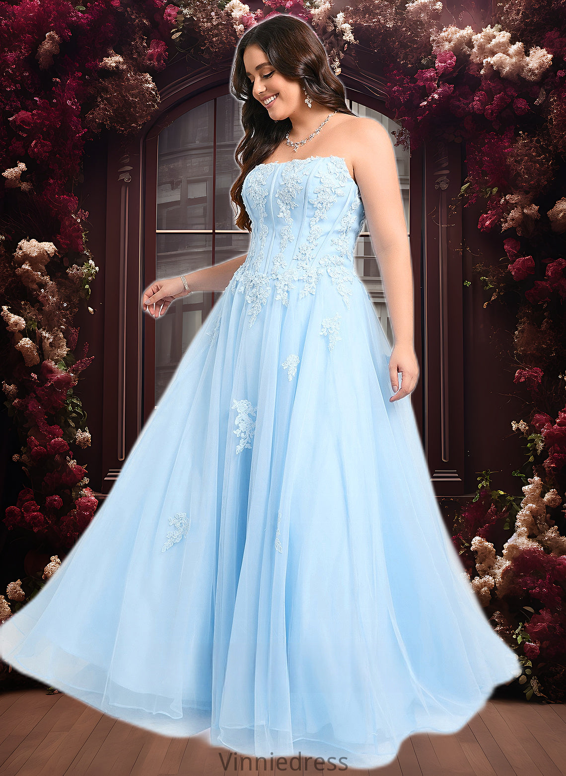 Logan Ball-Gown/Princess Straight Sweep Train Tulle Prom Dresses With Sequins Appliques Lace PP6P0025864