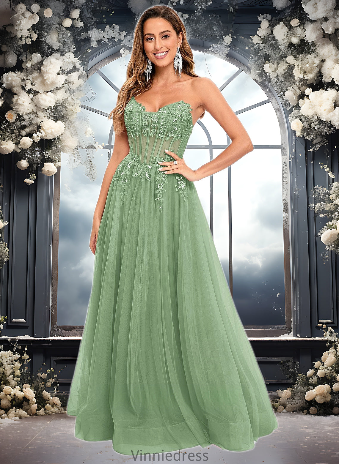 Rebecca Ball-Gown/Princess V-Neck Floor-Length Tulle Prom Dresses With Sequins Appliques Lace PP6P0025837