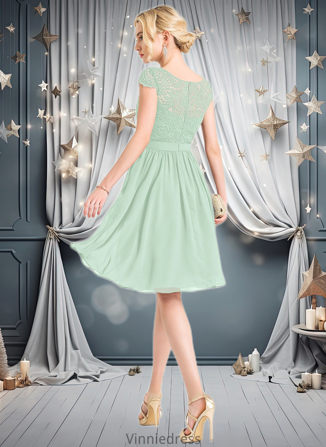 Riya A-line Scoop Knee-Length Lace Chiffon Homecoming Dress PP6P0025698