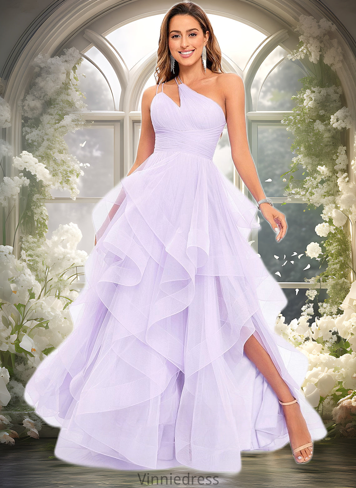 Abigayle Ball-Gown/Princess Asymmetrical One Shoulder Floor-Length Tulle Prom Dresses PP6P0025867