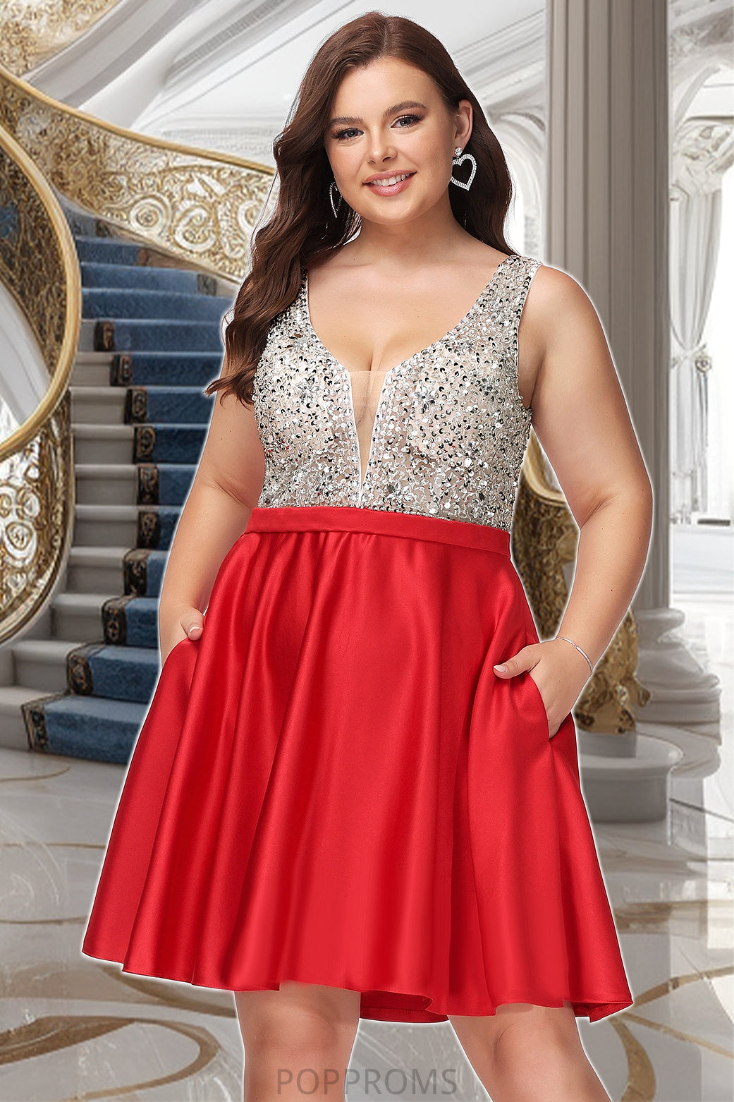 Zoey A-line V-Neck Short/Mini Satin Homecoming Dress With Beading Sequins PP6P0020569