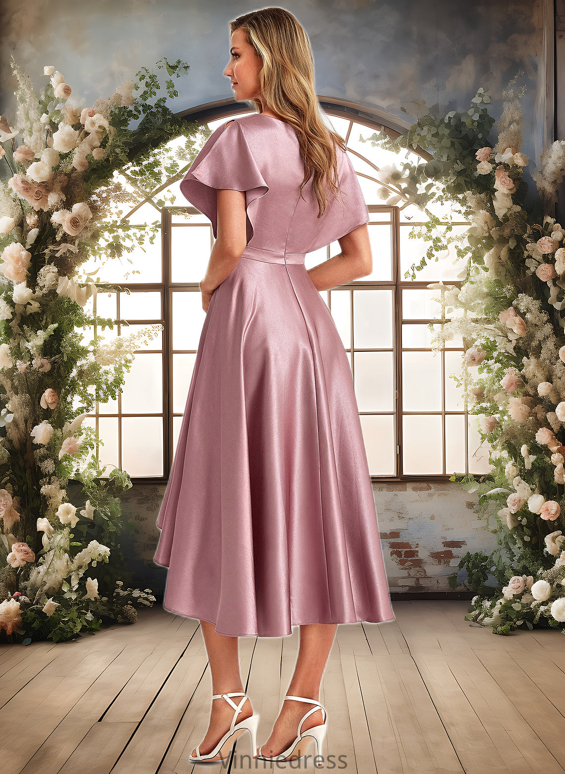 Kianna A-line V-Neck Asymmetrical Stretch Satin Bridesmaid Dress PP6P0025752