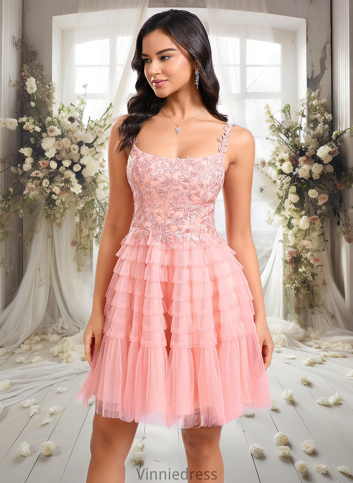 Elva Ball-Gown/Princess Scoop Short Tulle Lace Homecoming Dress With Ruffle PP6P0025676