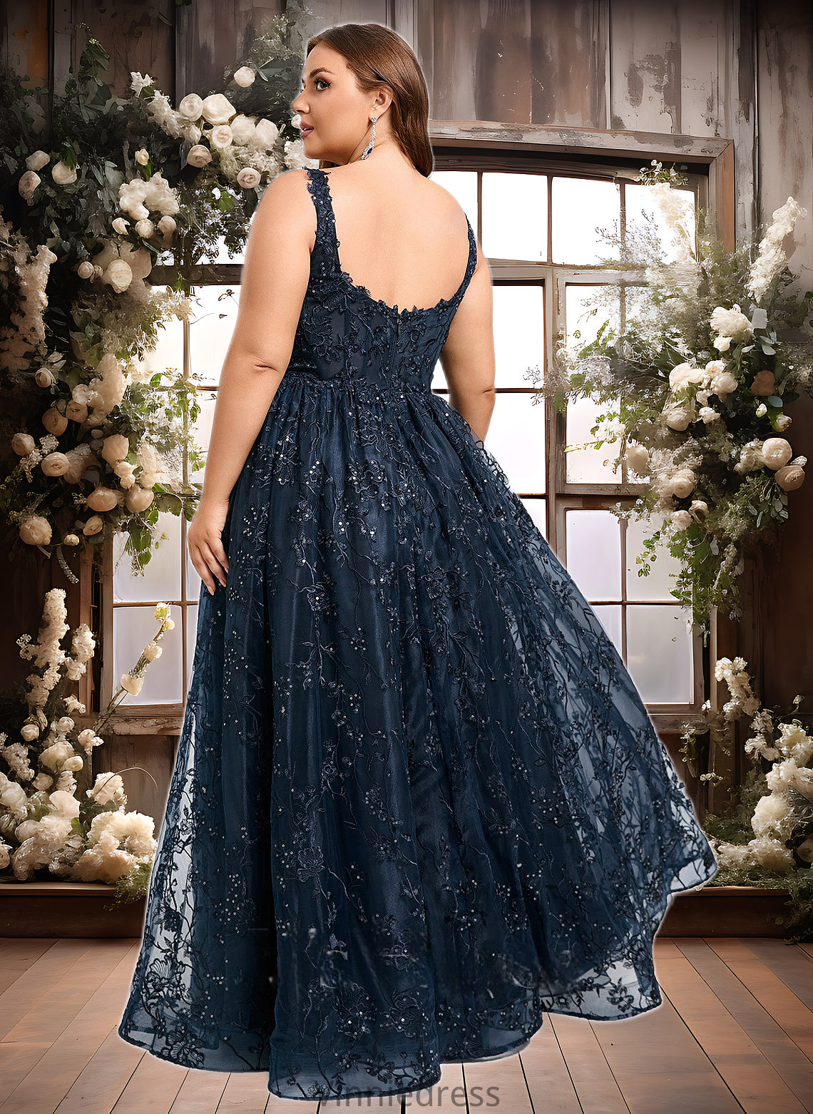 Tia A-line Square Floor-Length Organza Lace Floral Prom Dresses With Sequins PP6P0025844