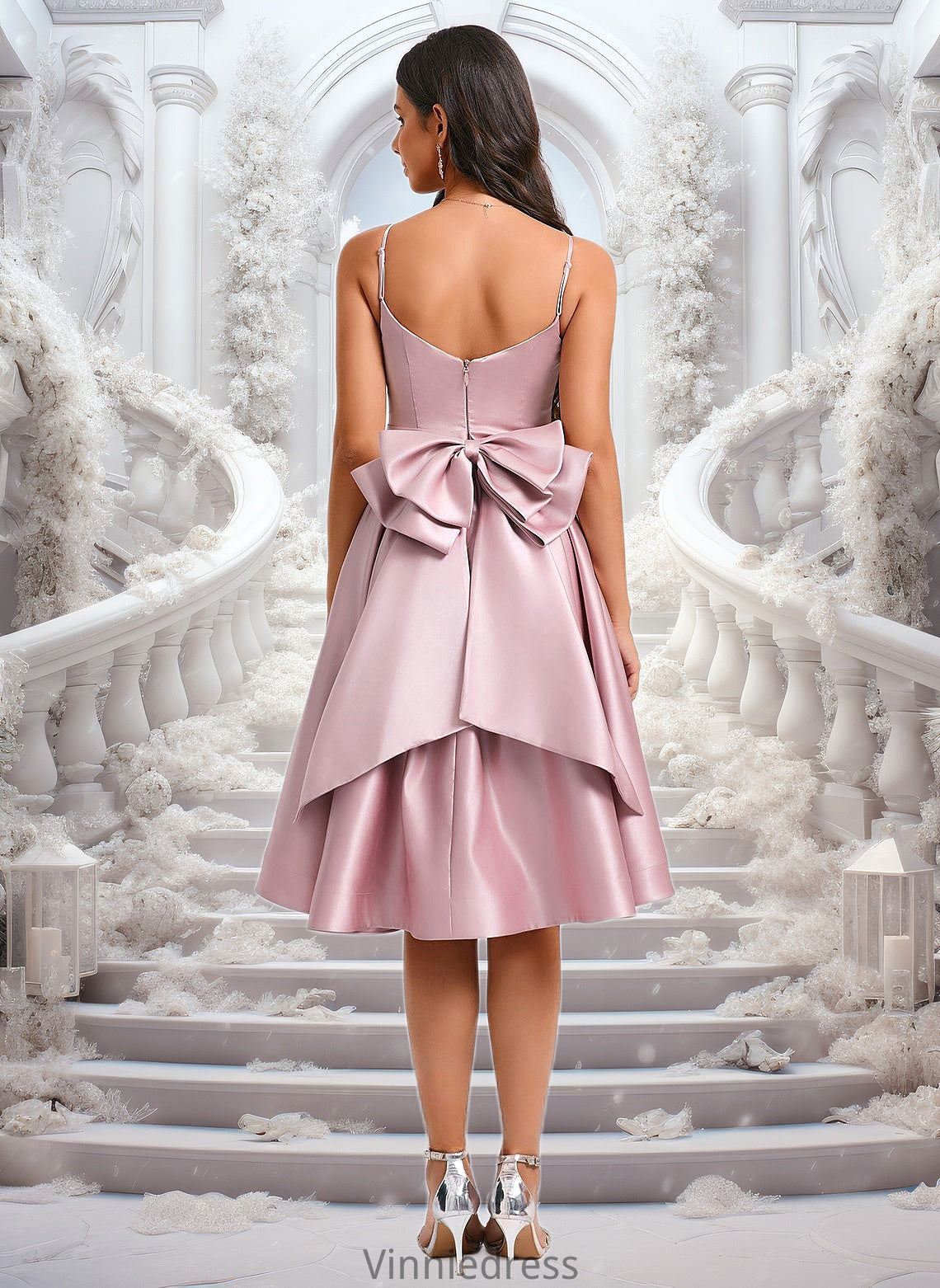 Kaiya A-line V-Neck Asymmetrical Satin Homecoming Dress With Bow Pleated PP6P0025699