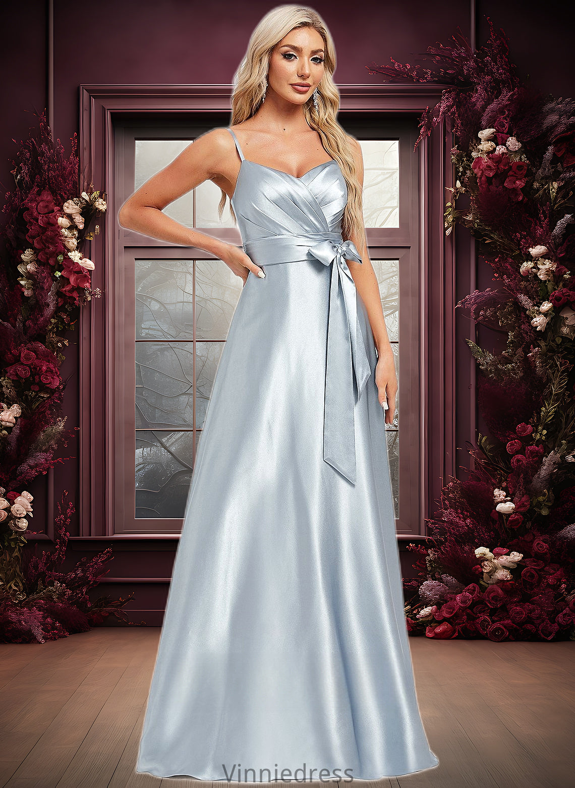 Stephanie A-line V-Neck Floor-Length Stretch Satin Bridesmaid Dress PP6P0025795