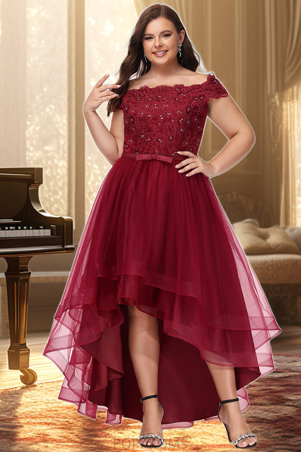 Jasmine A-line Off the Shoulder Asymmetrical Lace Tulle Homecoming Dress With Beading Bow Sequins PP6P0020535