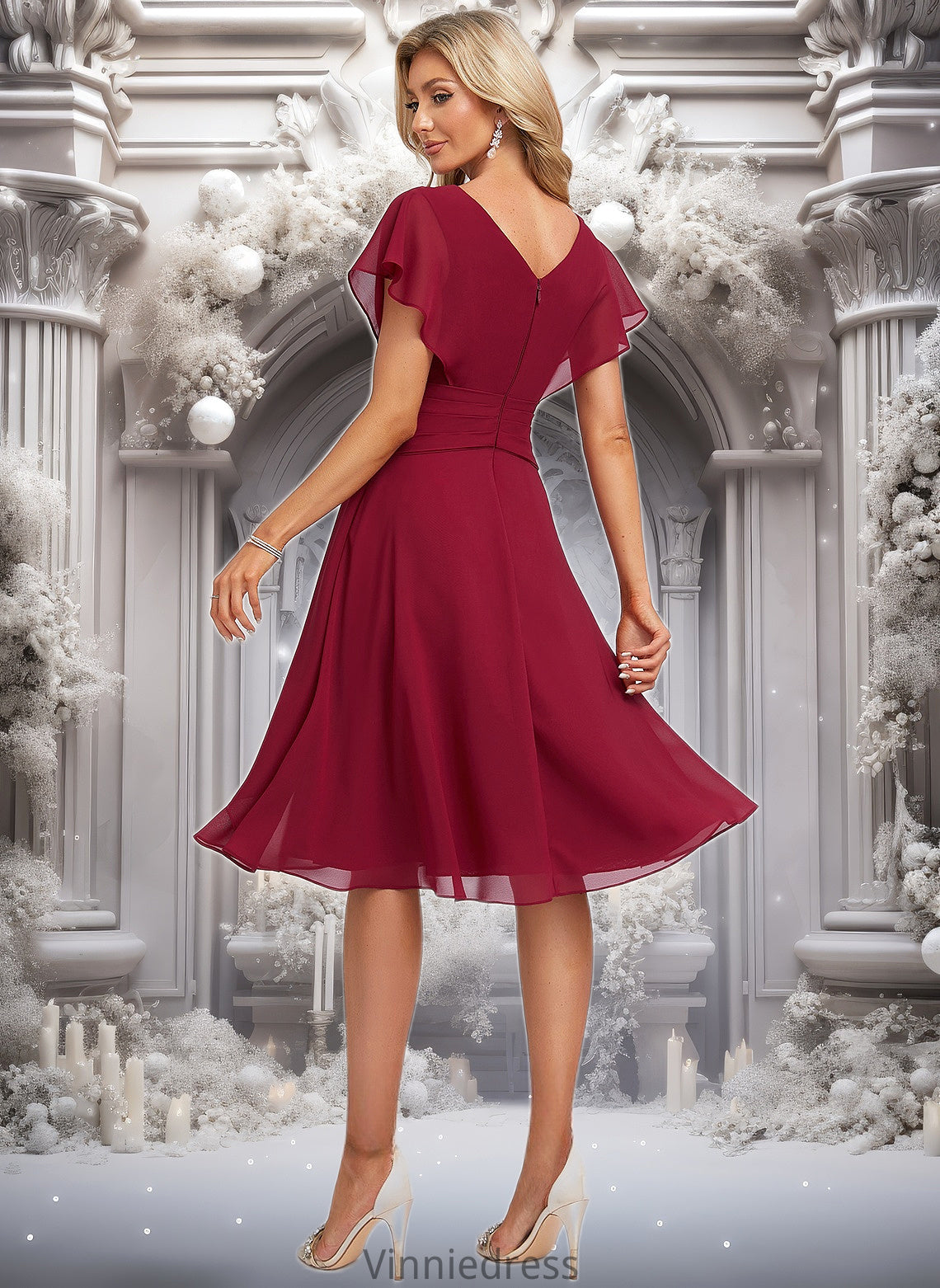 Ashanti A-line V-Neck Knee-Length Chiffon Homecoming Dress With Ruffle PP6P0025716