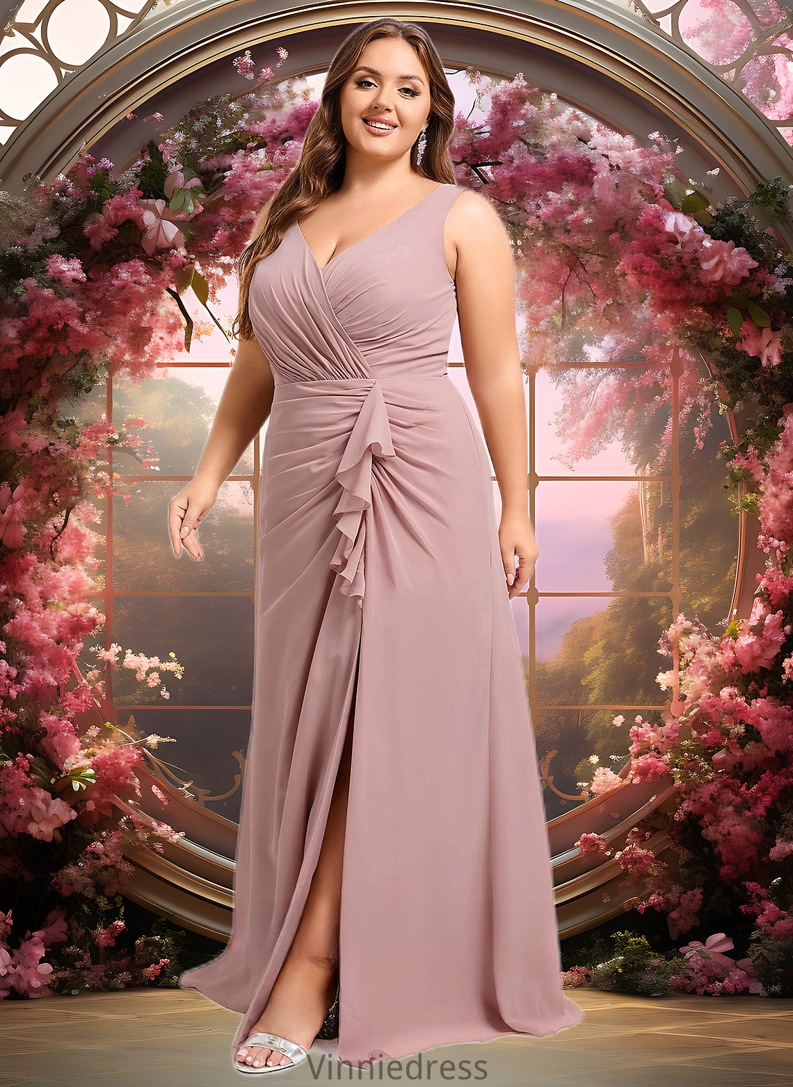 Sherlyn A-line V-Neck Floor-Length Chiffon Bridesmaid Dress PP6P0025820