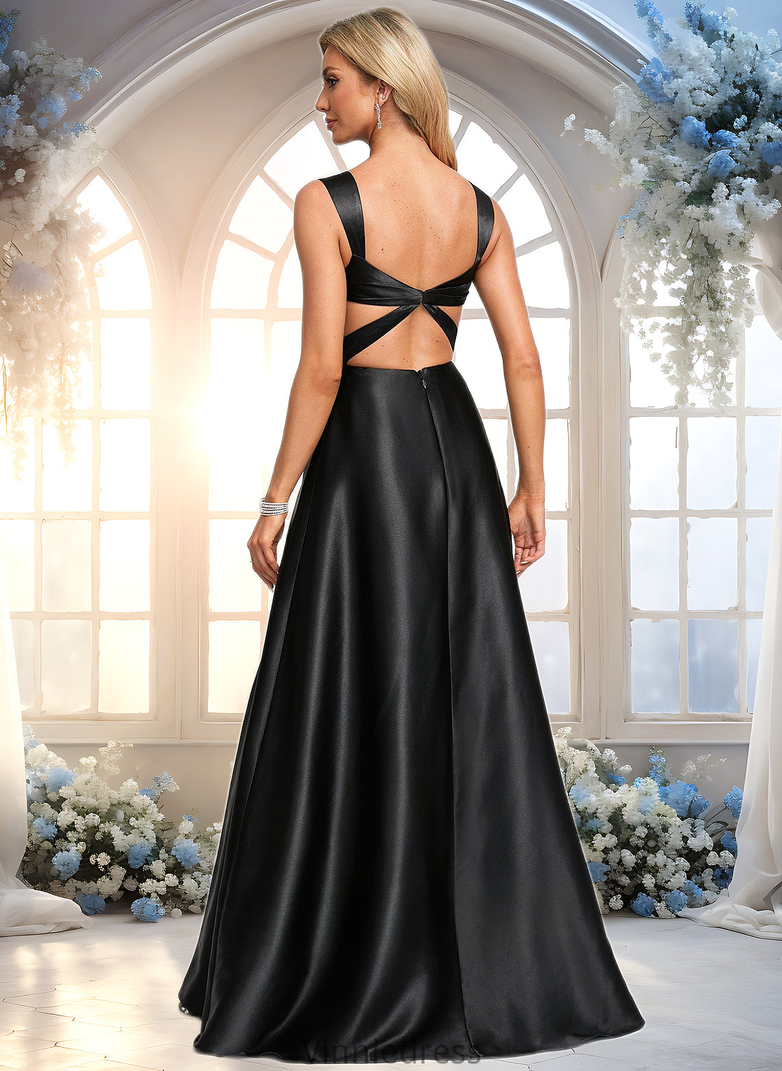 Ashlyn A-line V-Neck Floor-Length Stretch Satin Prom Dresses With Bow PP6P0025882