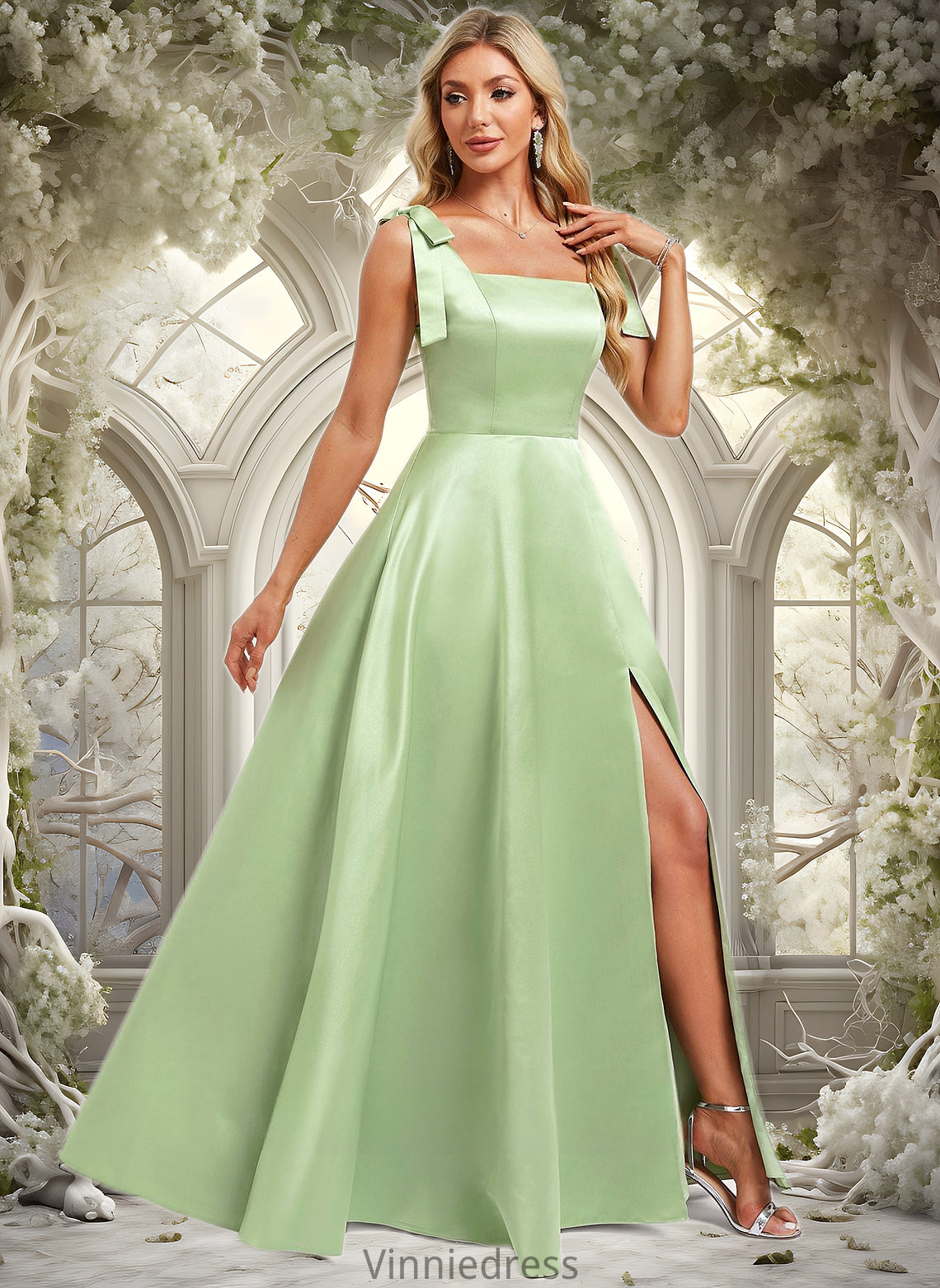 Krista A-line Square Floor-Length Satin Bridesmaid Dress With Bow PP6P0025778