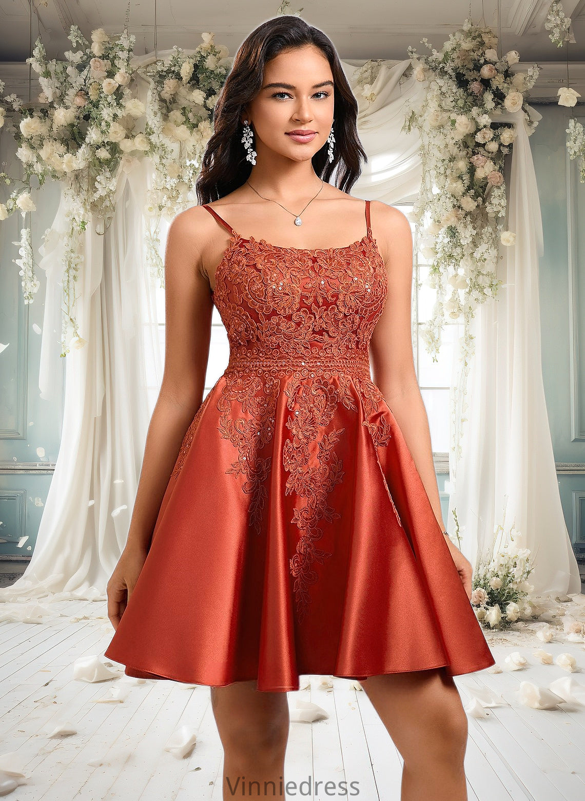 Jill A-line Scoop Short Satin Lace Homecoming Dress With Sequins PP6P0025683