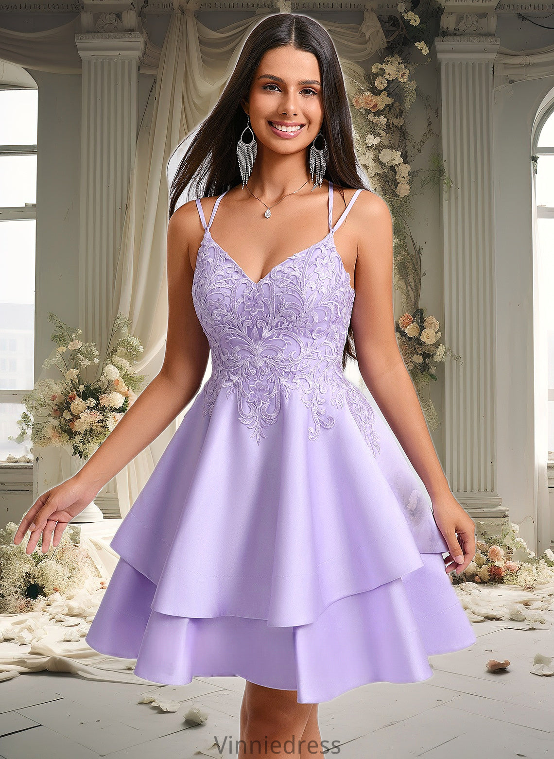 Kendall A-line V-Neck Short Satin Homecoming Dress With Appliques Lace PP6P0025692