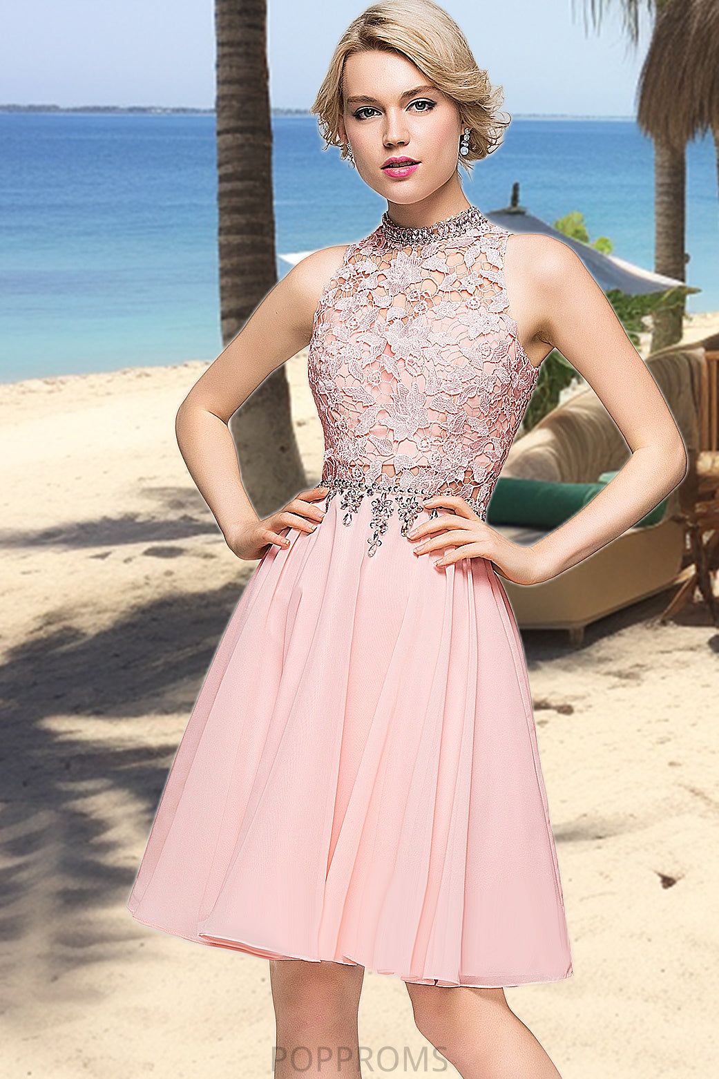 Clara A-line High Neck Knee-Length Chiffon Lace Homecoming Dress With Beading Sequins PP6P0020596