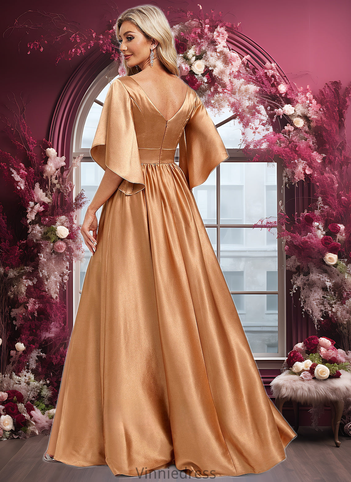 Norma A-line V-Neck Floor-Length Stretch Satin Bridesmaid Dress PP6P0025793