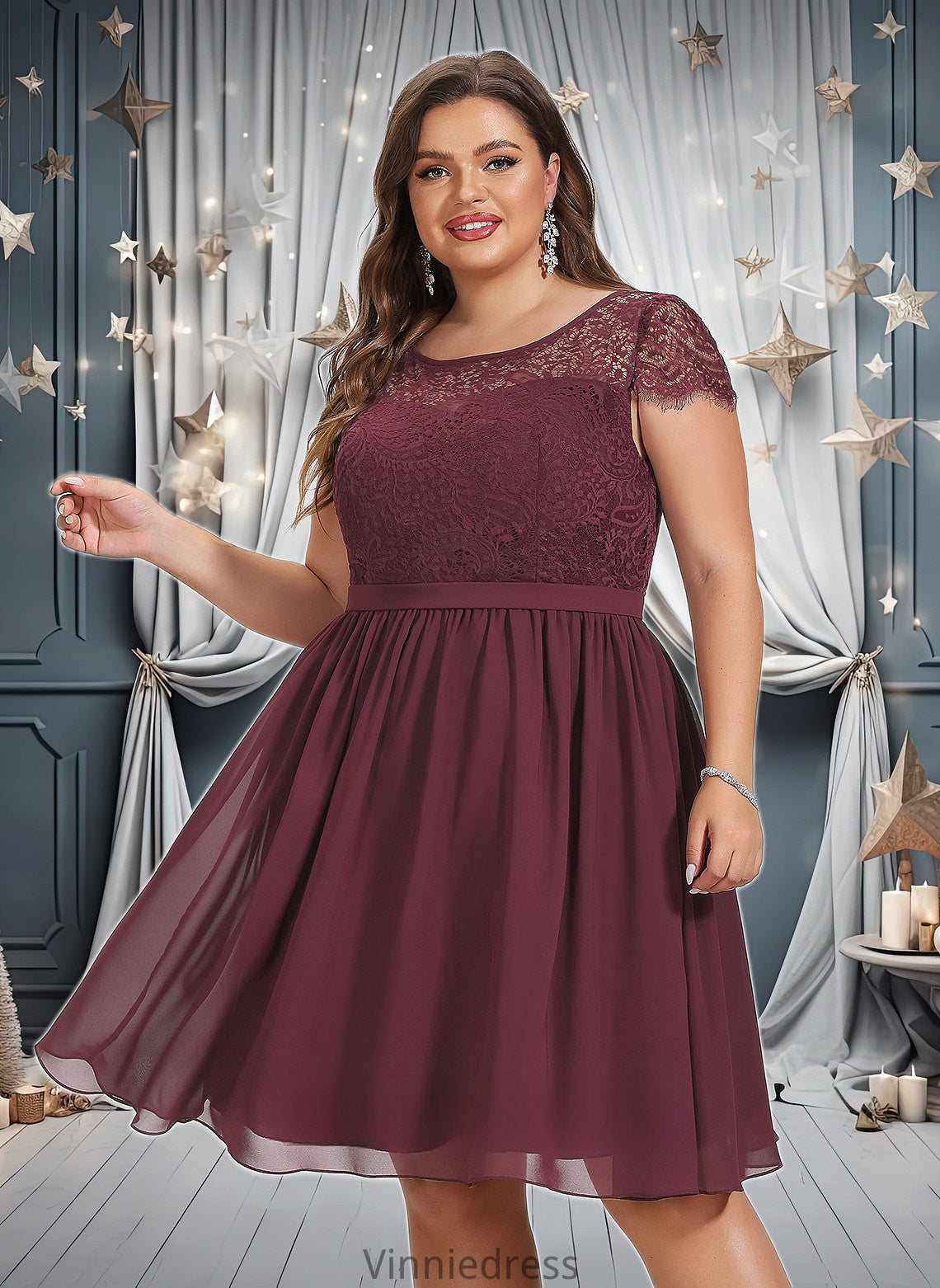 Riya A-line Scoop Knee-Length Lace Chiffon Homecoming Dress PP6P0025698