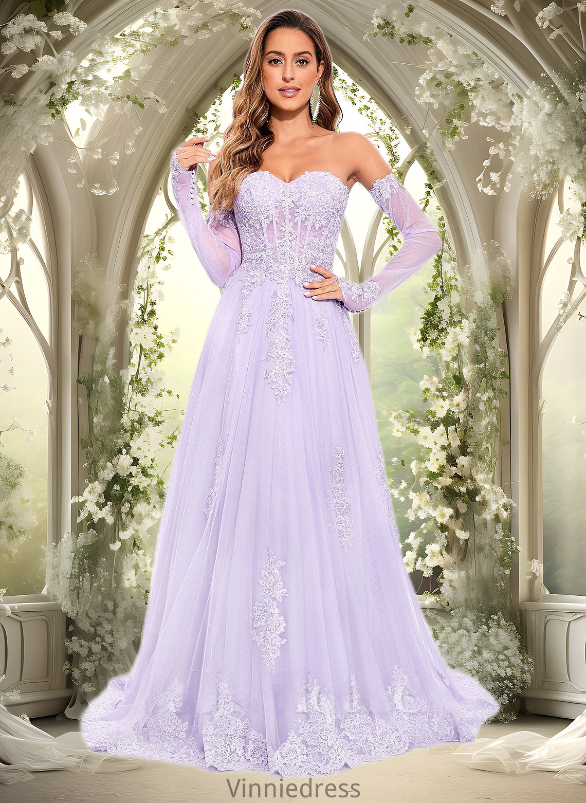 Mildred A-line Sweetheart Sweep Train Tulle Prom Dresses With Sequins Appliques Lace PP6P0025856