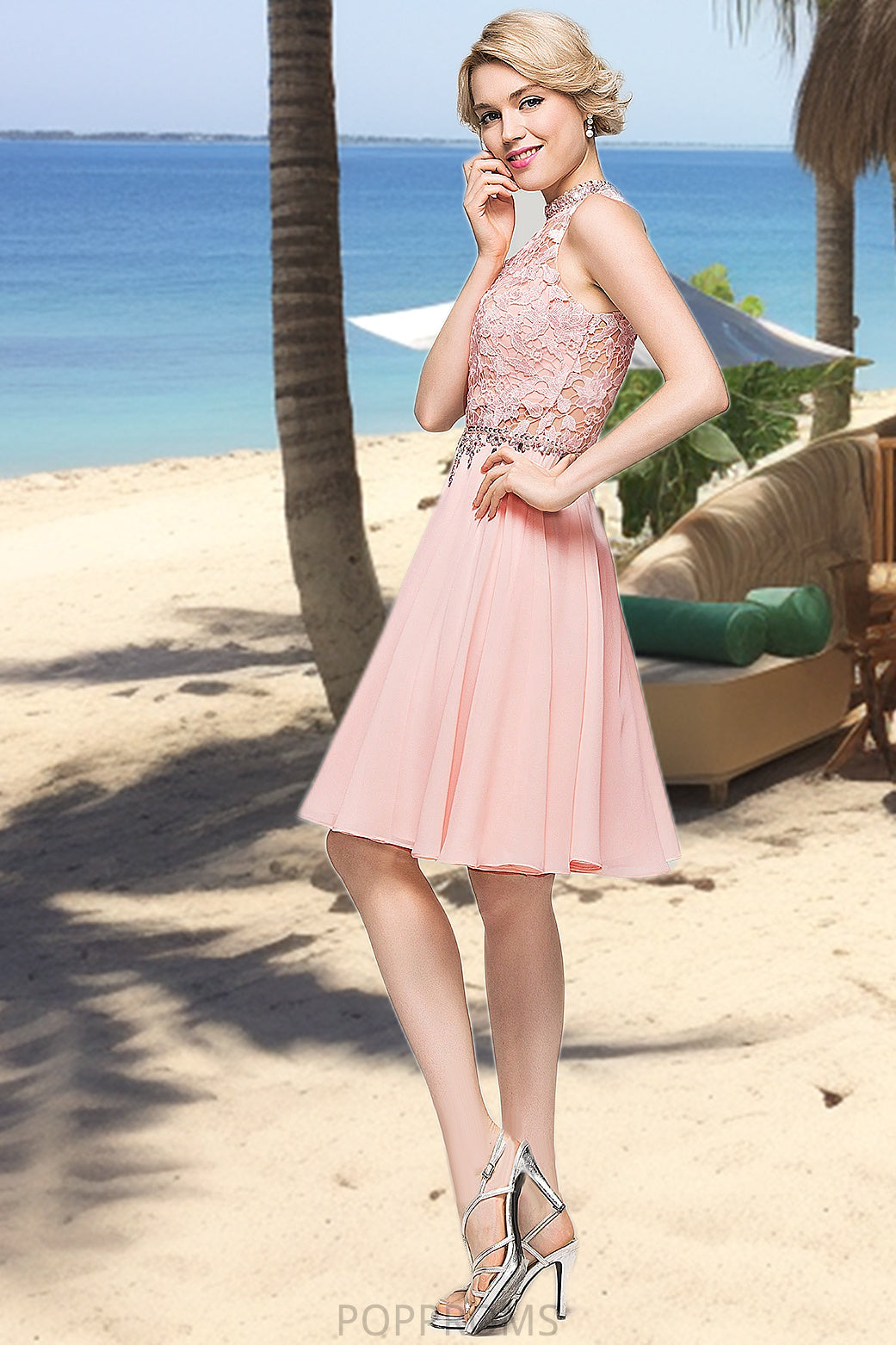 Clara A-line High Neck Knee-Length Chiffon Lace Homecoming Dress With Beading Sequins PP6P0020596