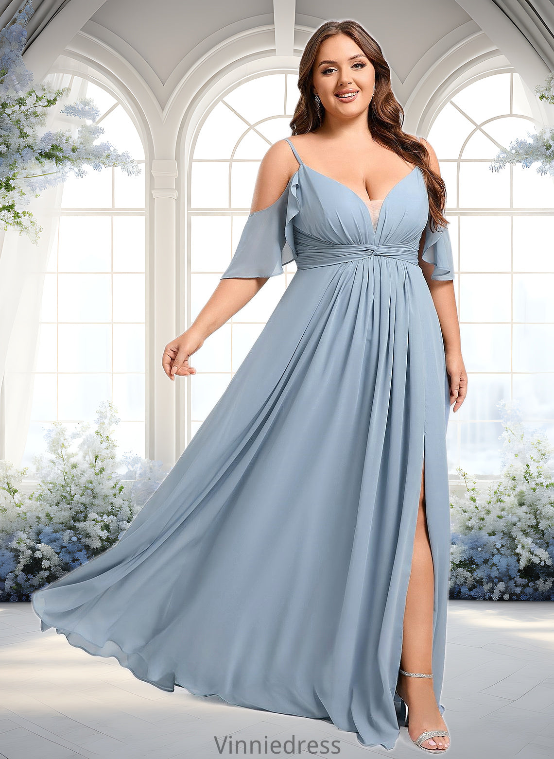 Dalia A-line Cold Shoulder Floor-Length Chiffon Bridesmaid Dress With Ruffle PP6P0025797