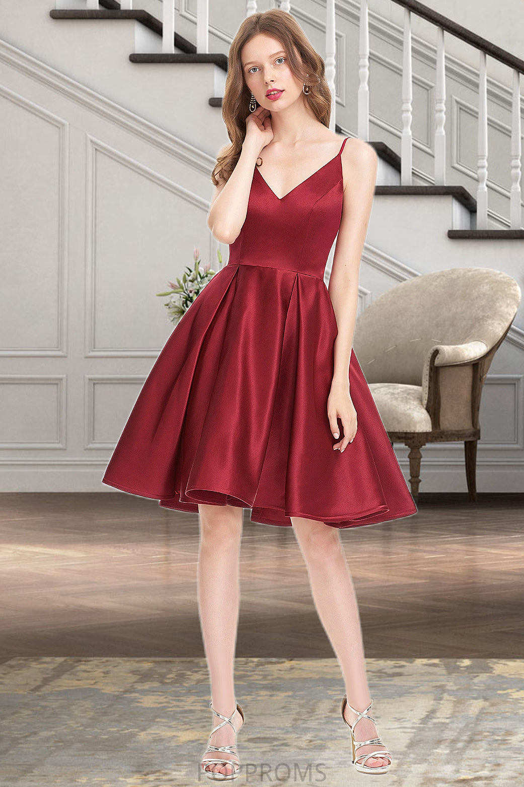 Karley A-line V-Neck Short/Mini Satin Homecoming Dress PP6P0020542