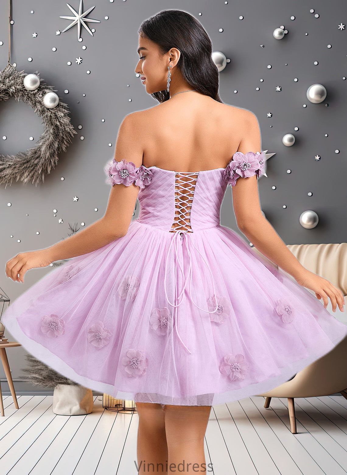 Baylee Ball-Gown/Princess Off the Shoulder Short Tulle Homecoming Dress With Pleated Flower PP6P0025668