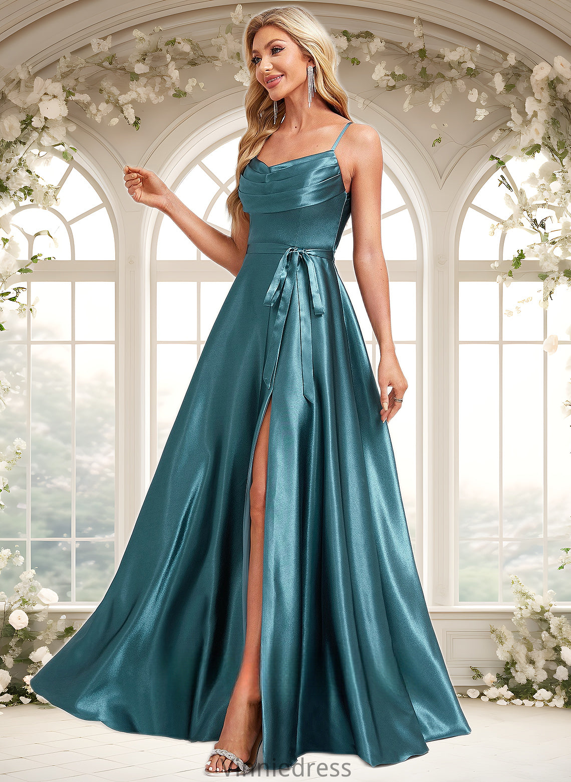 Jan A-line Cowl Floor-Length Stretch Satin Bridesmaid Dress With Ruffle PP6P0025781