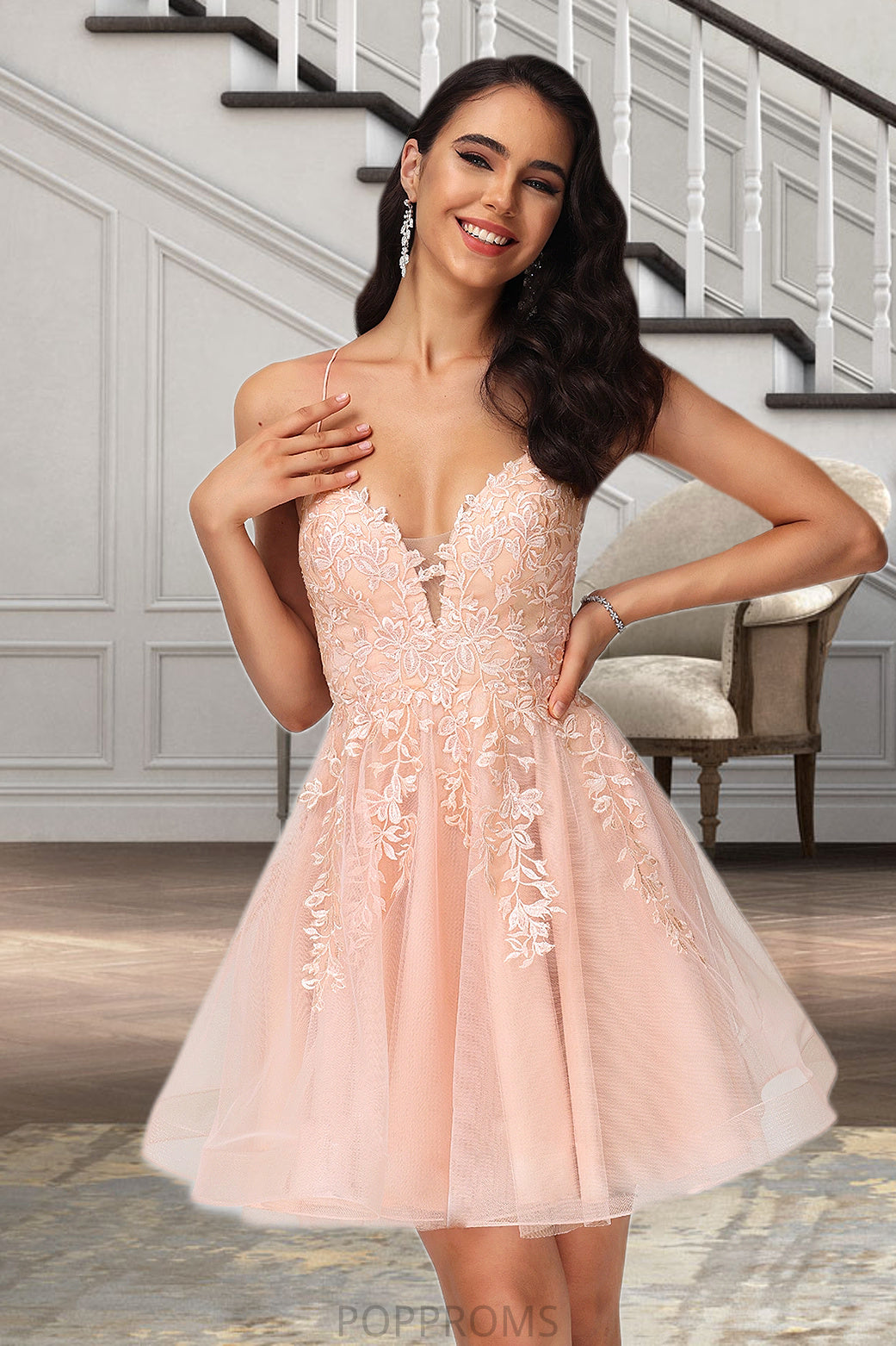 Lexie A-line V-Neck Short/Mini Lace Tulle Homecoming Dress With Sequins PP6P0020500