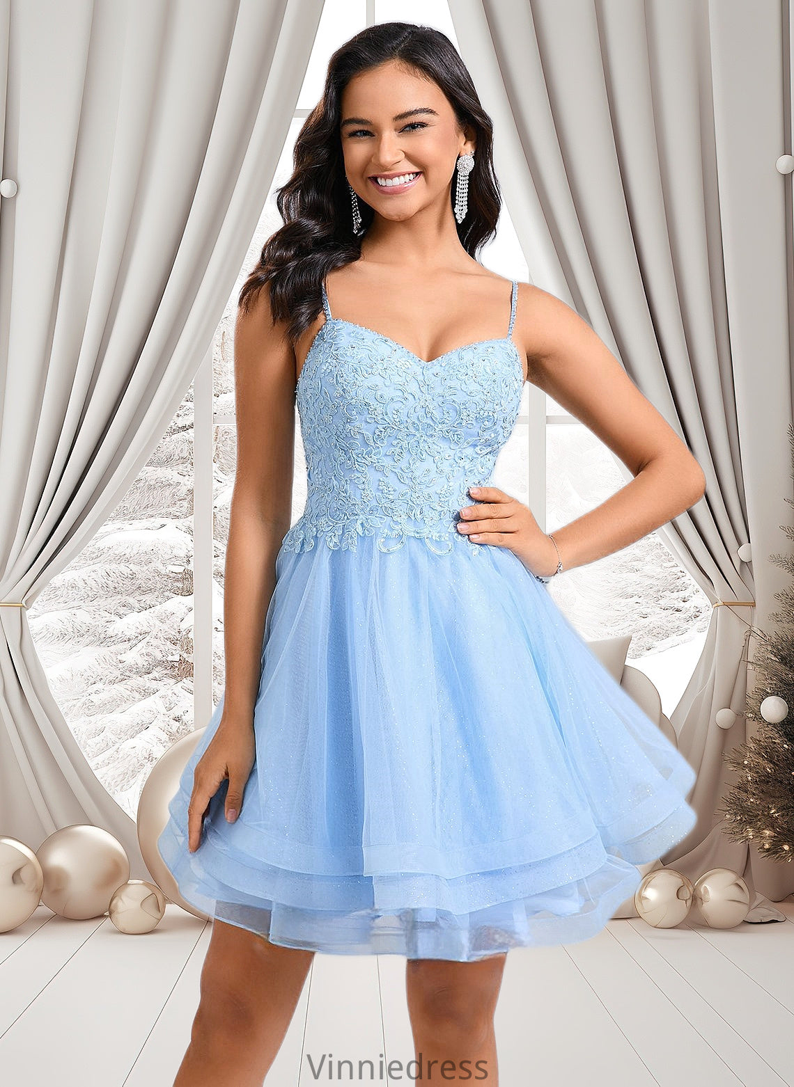 Nathalia A-line V-Neck Short Lace Tulle Homecoming Dress With Rhinestone Sequins PP6P0025658