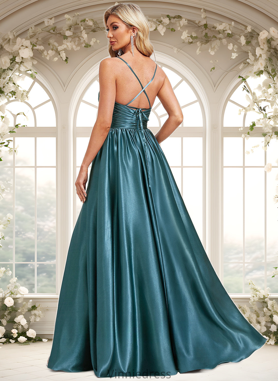 Kaylynn A-line V-Neck Floor-Length Stretch Satin Bridesmaid Dress PP6P0025786