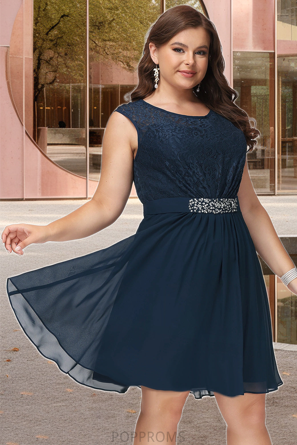 Perla A-line Scoop Knee-Length Chiffon Lace Homecoming Dress With Beading Bow PP6P0020588