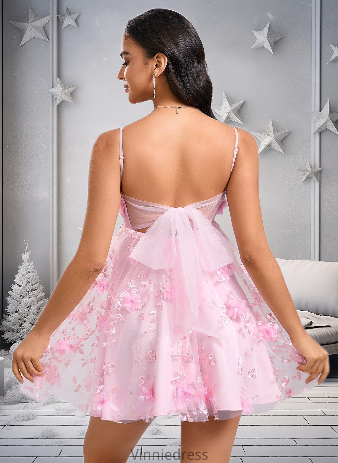 Jo A-line Straight Mini Lace Homecoming Dress With Bow Flower PP6P0025670