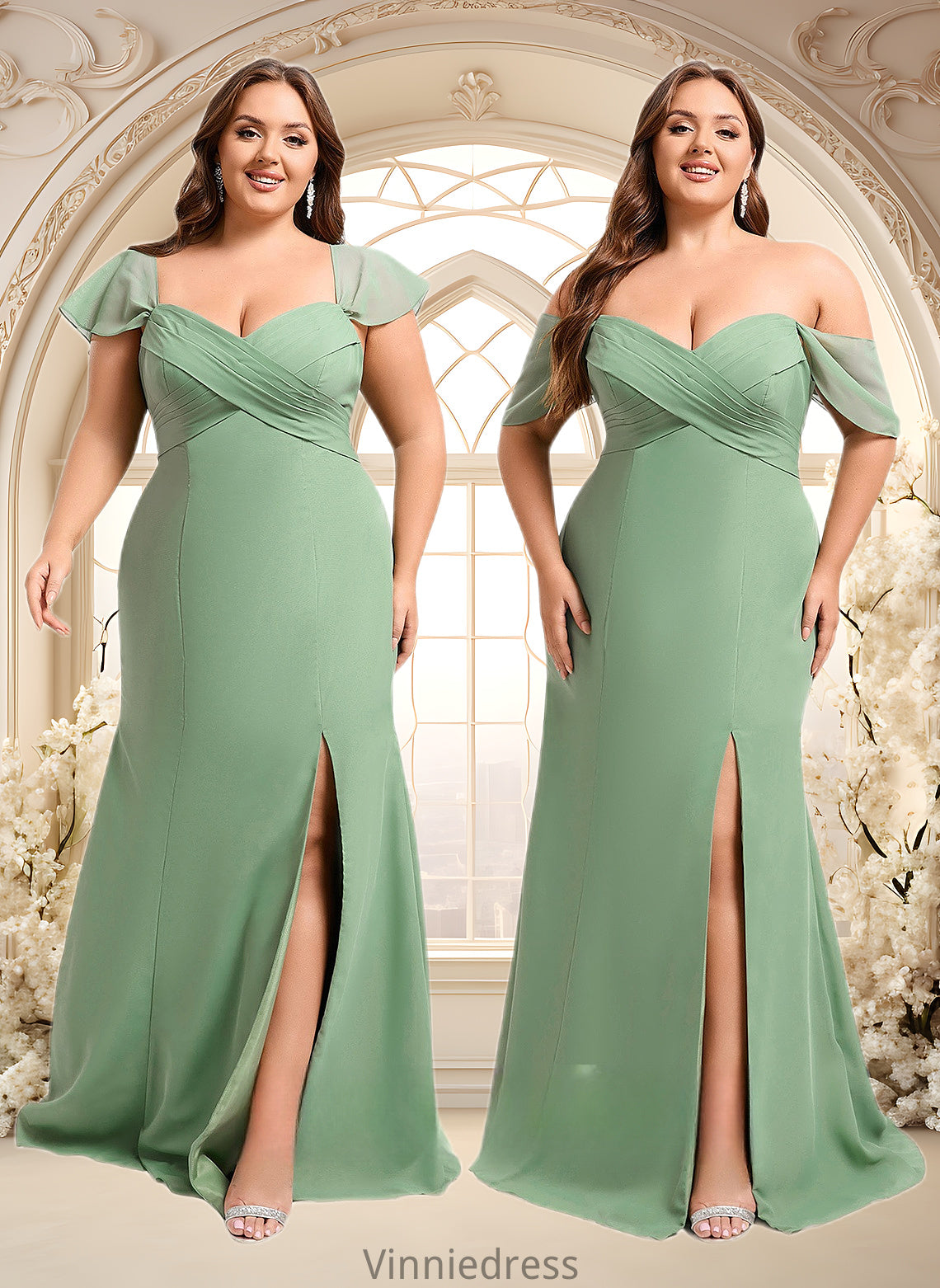 Roselyn Trumpet/Mermaid Off the Shoulder V-Neck Floor-Length Chiffon Bridesmaid Dress PP6P0025810