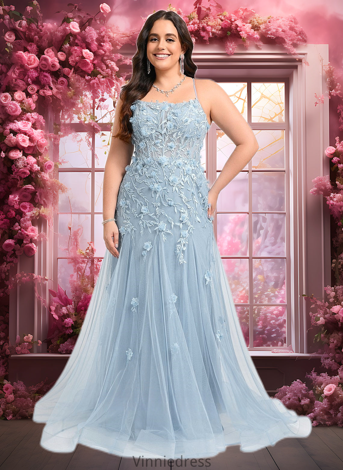 Yaritza Trumpet/Mermaid Straight Sweep Train Tulle Prom Dresses With Flower PP6P0025866