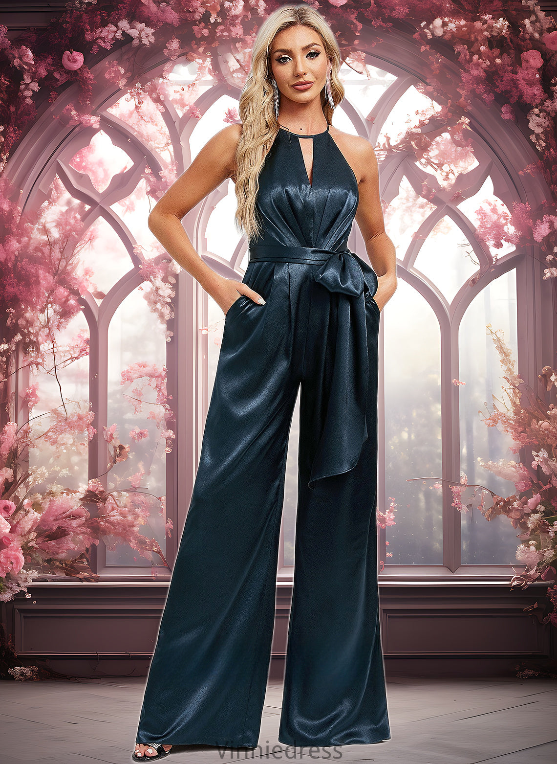 Kimberly Jumpsuit/Pantsuit Halter Floor-Length Stretch Satin Bridesmaid Dress PP6P0025805